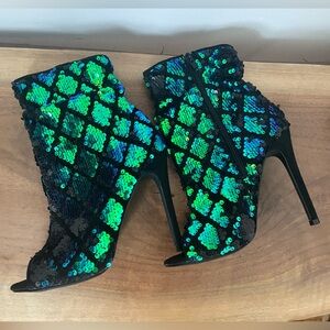 Vintage Charlotte Russe Mermaid Blue Green Open Toe Sequin Heels Y2K Size 6